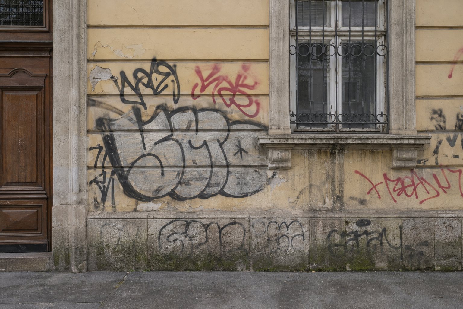 Wiener Hausfassade mit Graffiti, Ruß und Schmutz, vor der Reinigung (Beispieldarstellung)